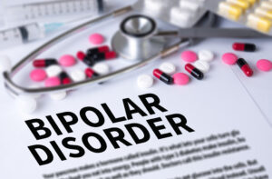 A stethoscope, pills, and a syringe are placed on a document titled BIPOLAR DISORDER in bold letters, suggesting a medical context related to mental health treatment and diagnosis.