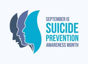 Graphic of three overlapping silhouettes with text: September is Suicide Prevention Awareness Month. Colors are shades of blue and purple, promoting mental health awareness.